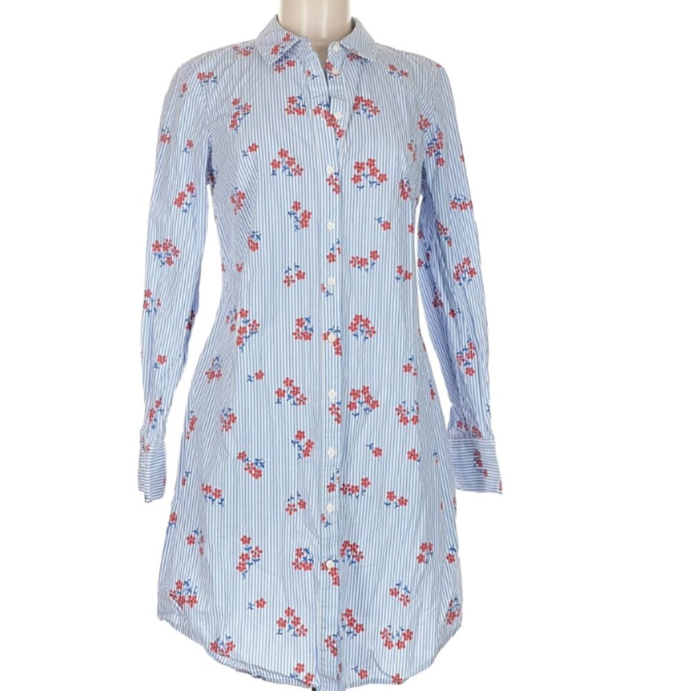 Boden Shirtdress Blue and White Stripe Red Flowers with Tie Size 6